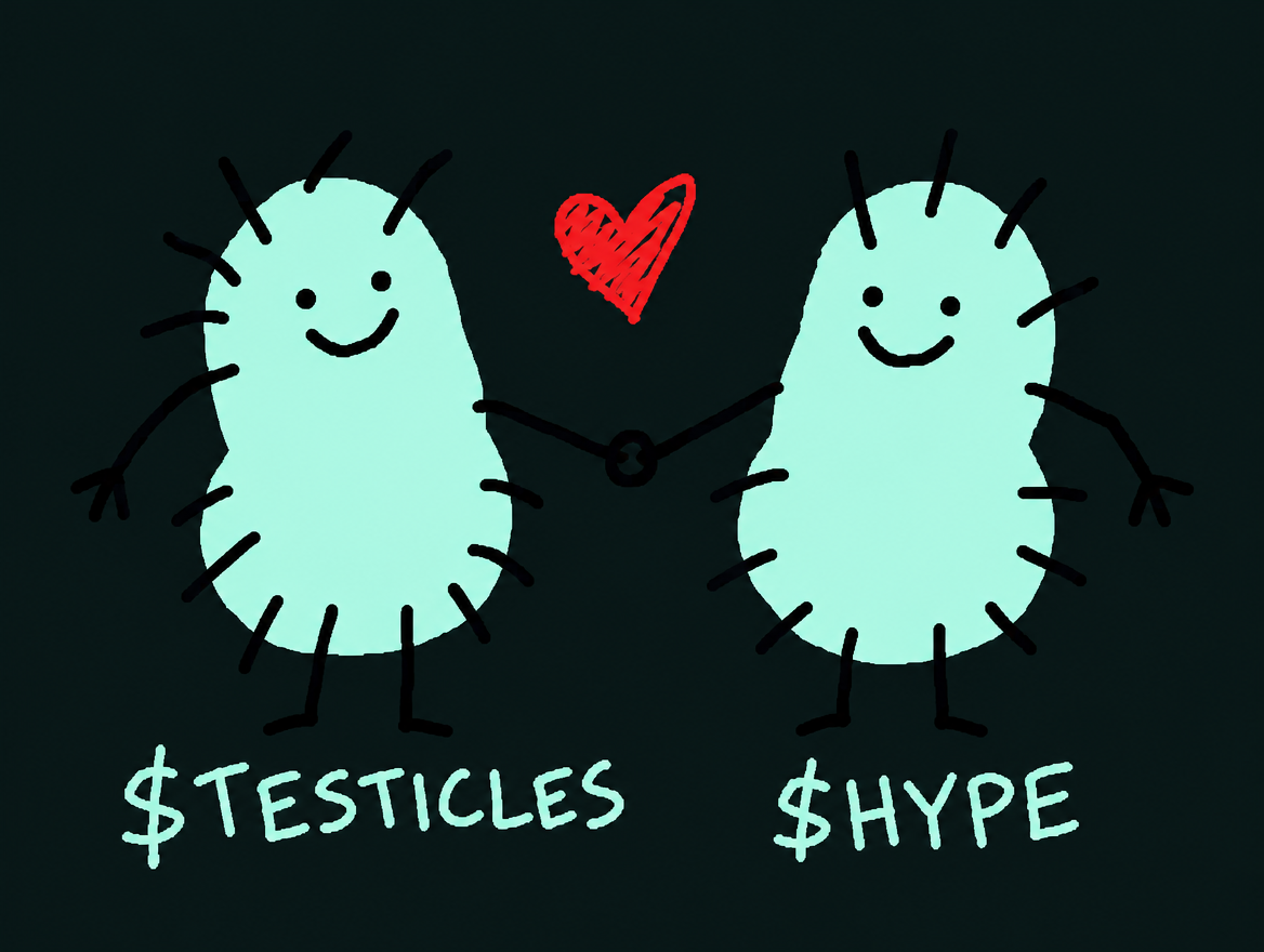 Two blobs labelled $TESTICLES and $HYPE holding hands